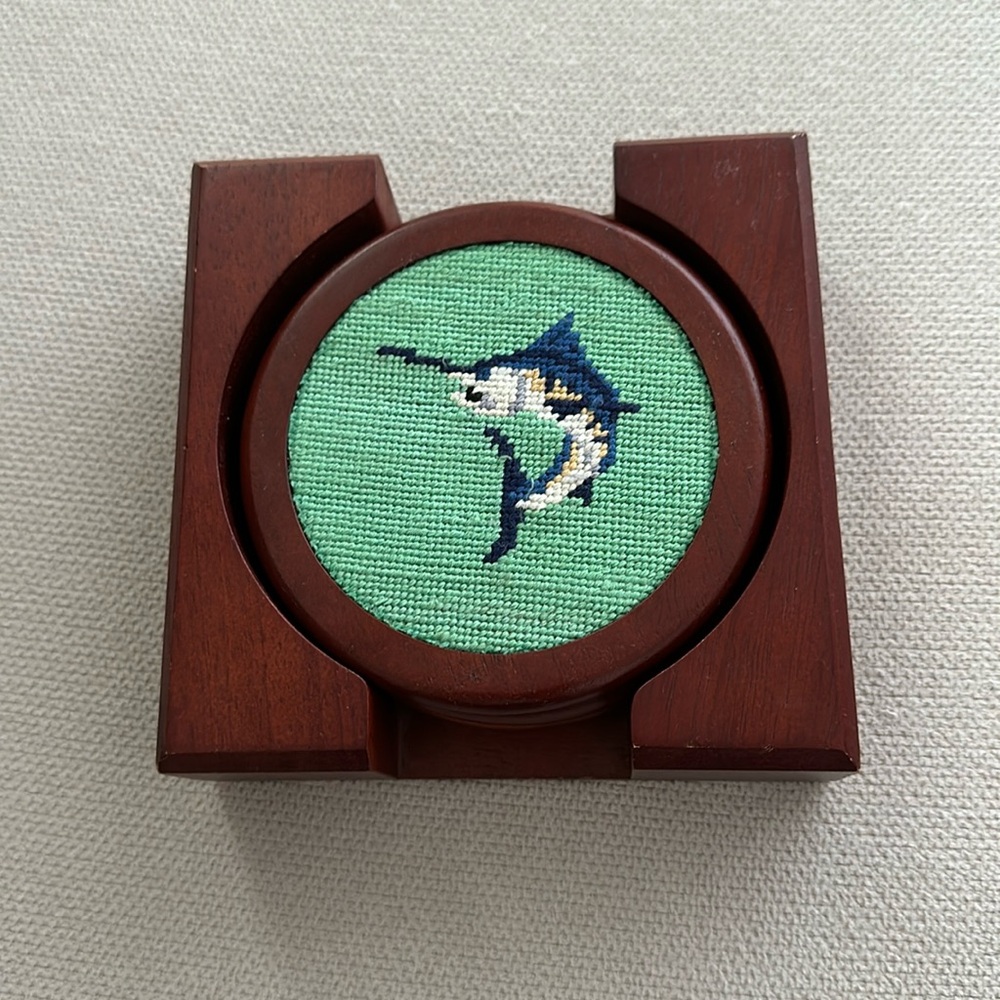 SMATHERS & BRANSON SET OF 4 SWORDFISH WOOD AND NEEDLEPOINT COASTERS IN BOX